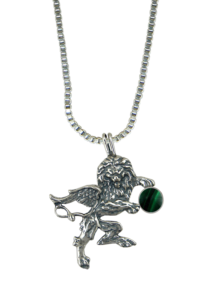 Sterling Silver Winged Lion of the Royal Court Pendant With Malachite